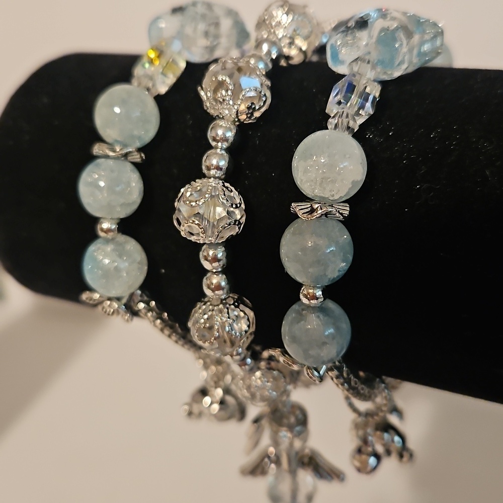 3 Silvertone & Seafoam Glass Beads & Charms Stretch Bracelets